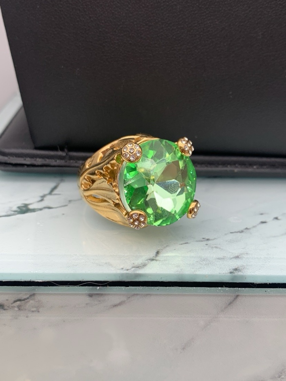 Large chunky Elegant Gold tone Ring with Large faceted Green Crystal size 7.75